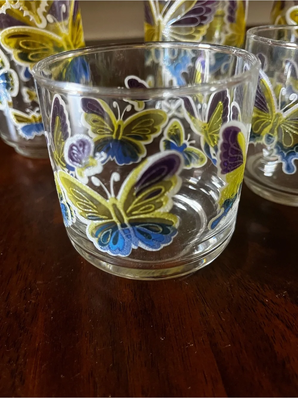 Libbey Glass Tumbler Set with Yellow and Blue Butterfly Motifs
